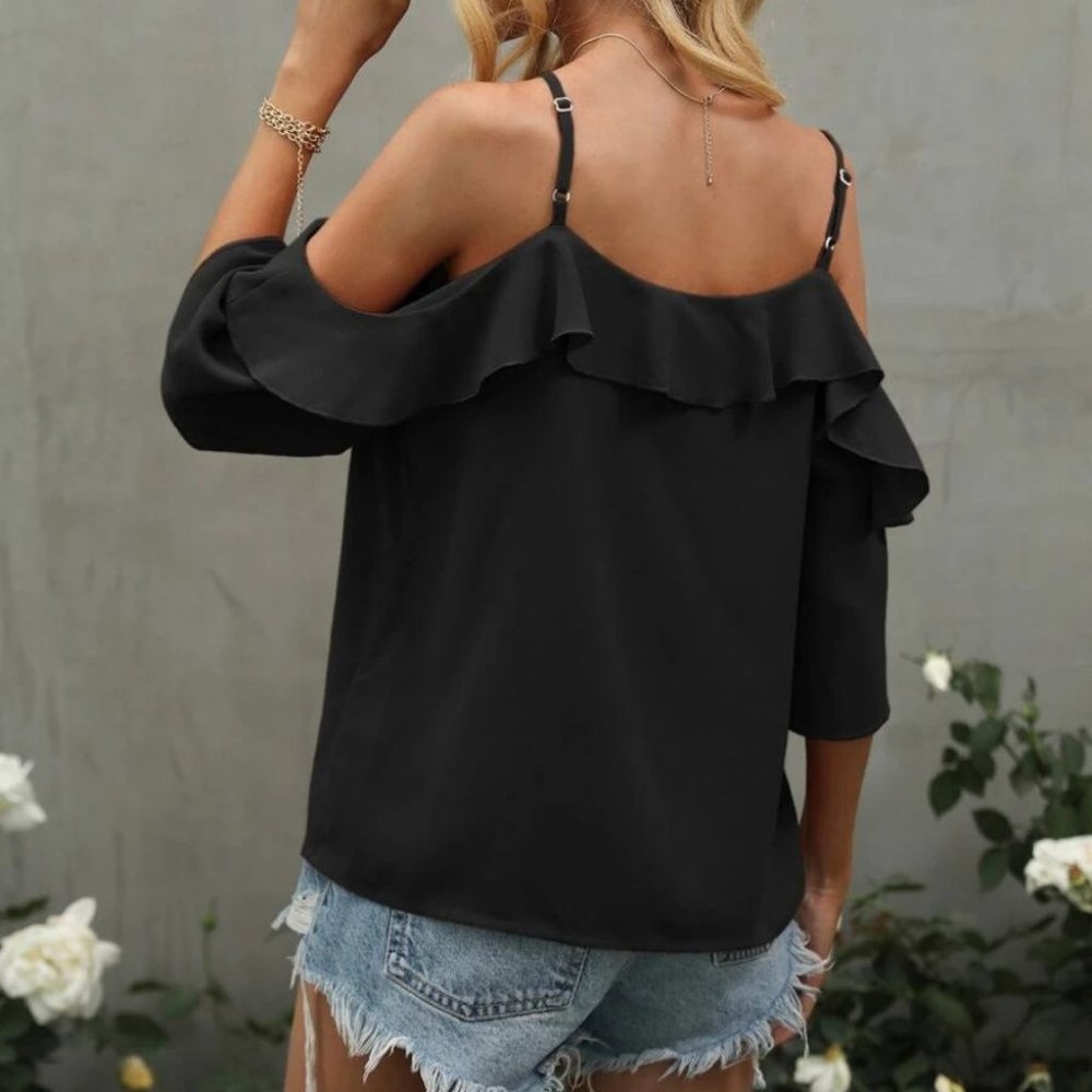 Ruffle Detail Cold Shoulder Blouse - black - Picture 3 of 4